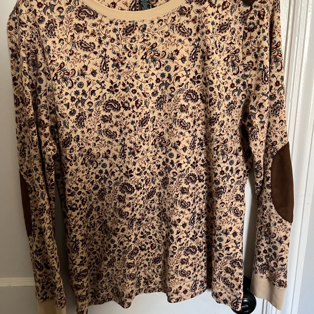 Ralph Lauren Beige Floral Long Sleeve Tee with Brown Elbow Patches